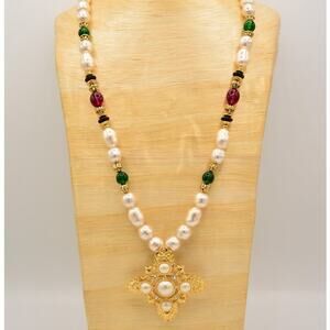 KJL Avon Necklace Maltese Cross Cabochon Pearl Beaded Gold Crystal Signed Bin3B